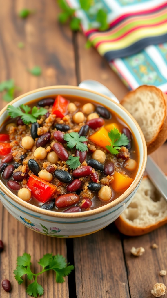 A bowl of hearty 3 bean quinoa chili with beans and peppers, garnished with cilantro, on a rustic table.